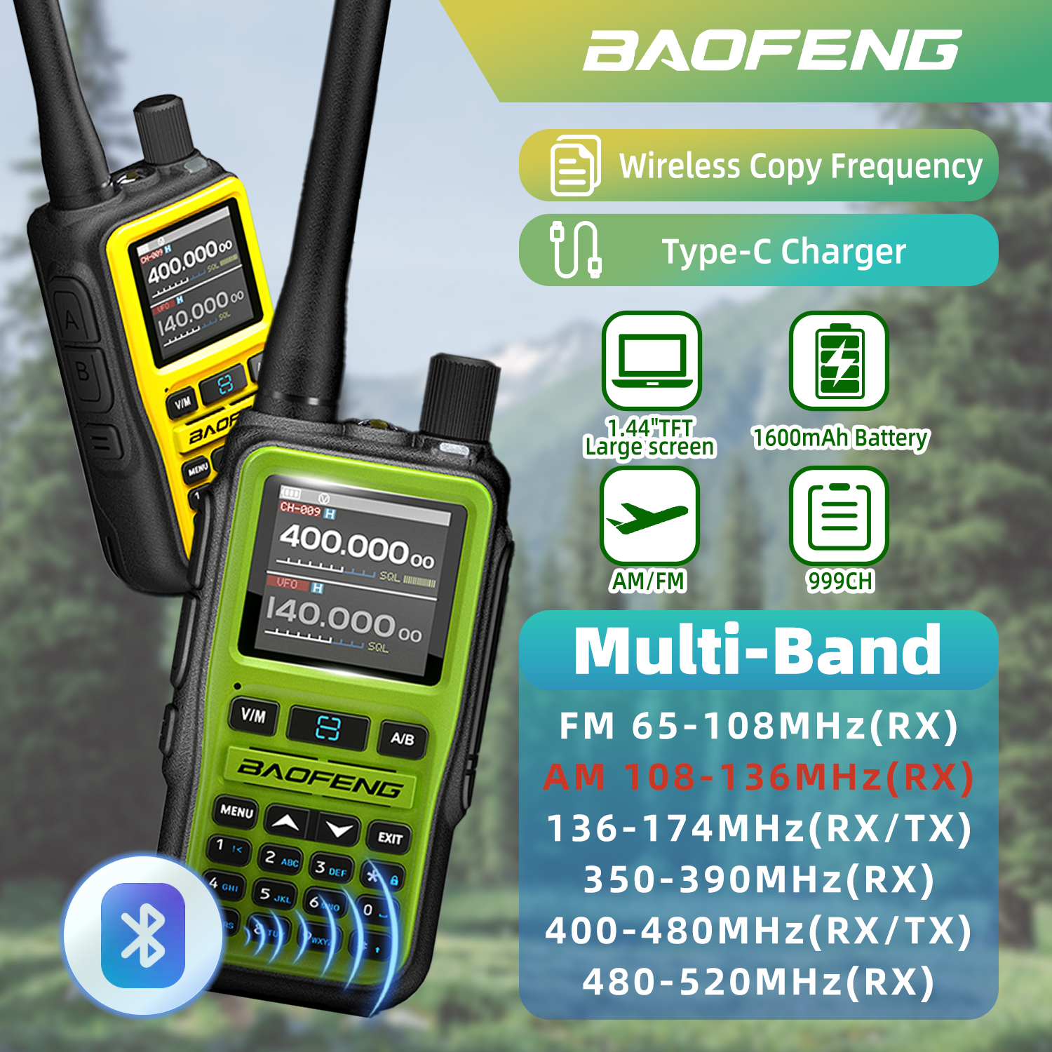 Baofeng Walkie Talkie UV 5R Mini banda Dual PTT Bluetooth VHF/UHF USB-C carga compacta VOX FM Radio aficionadora