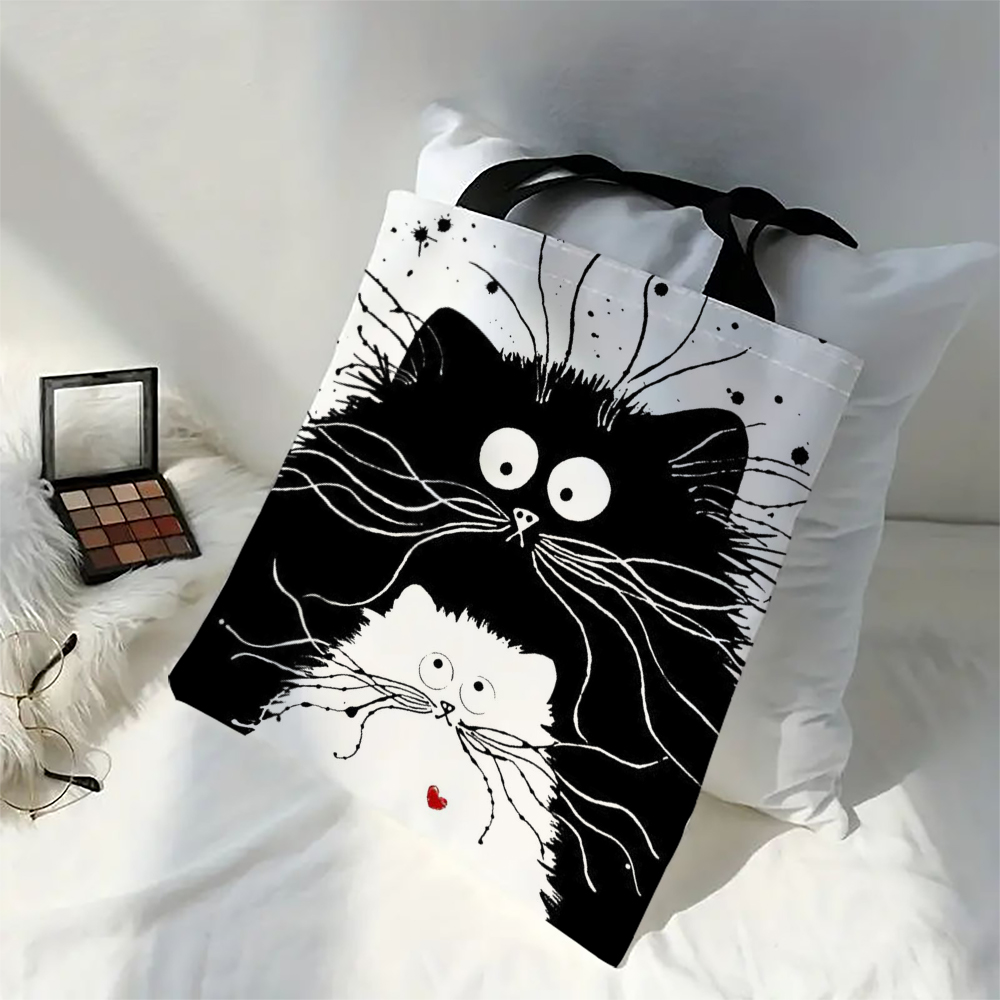 Bolsa de linho reutilizável com estampa de gatos fofos, bolsa de armazenamento de mercearia portátil de grande capacidade, bolsa de ombro lavável à máquina