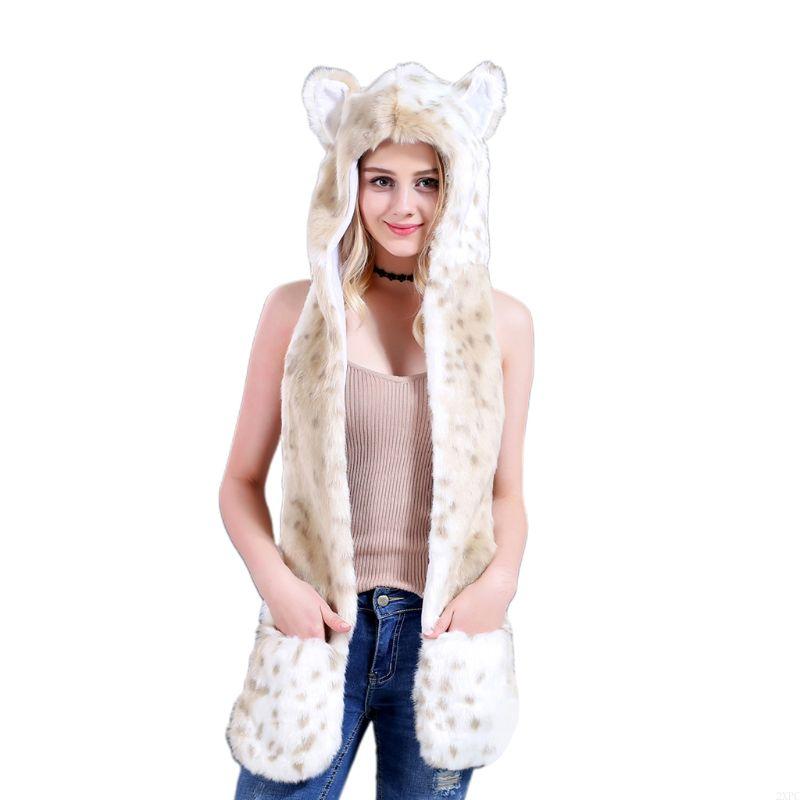 2xpc Winter Kunstfell Plüschhaube Hutschal und Handschuhe Fäustlinge 3 in 1 süßen tierischen Ohren Kapuze -Schal -Wrap für