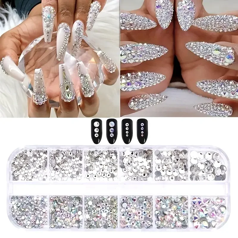 Diamantes de imitación para uñas con parte posterior plana en caja, gemas para uñas de cristal AB y Kit de diamantes de imitación de cristal transparente, dijes para decoración de uñas, accesorios de manicura DIY