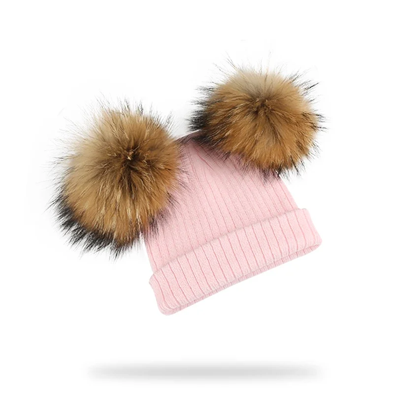 Chapéu e lenço de pompom duplo infantil para crianças, pele de guaxinim natural, boné de bebê, pompom genuíno, acessórios infantis, inverno