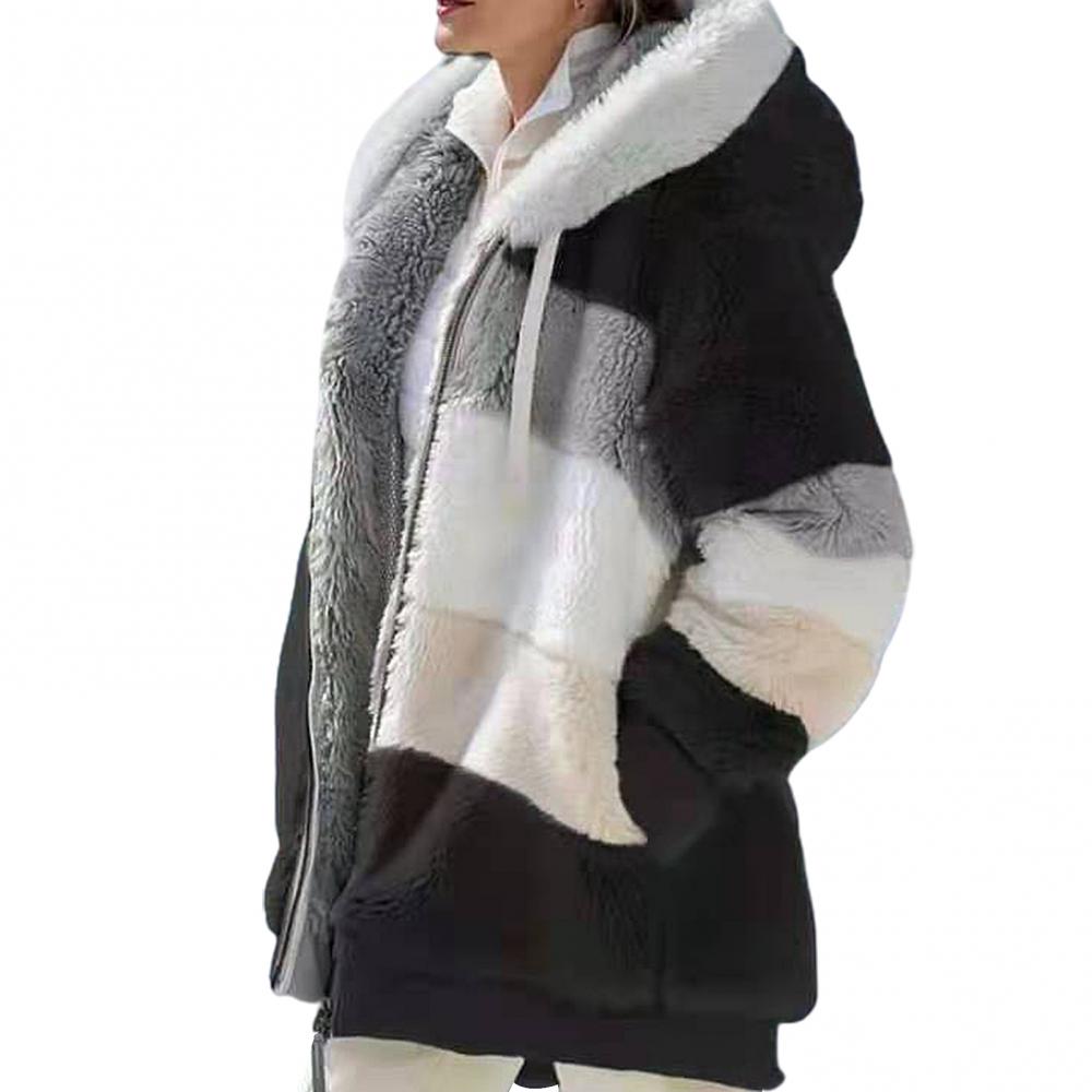Fleece Frauen Parkas Herbst Winter Langarm Farbe Block Zipper Flusen Mit Kapuze Warme Mantel Jacke