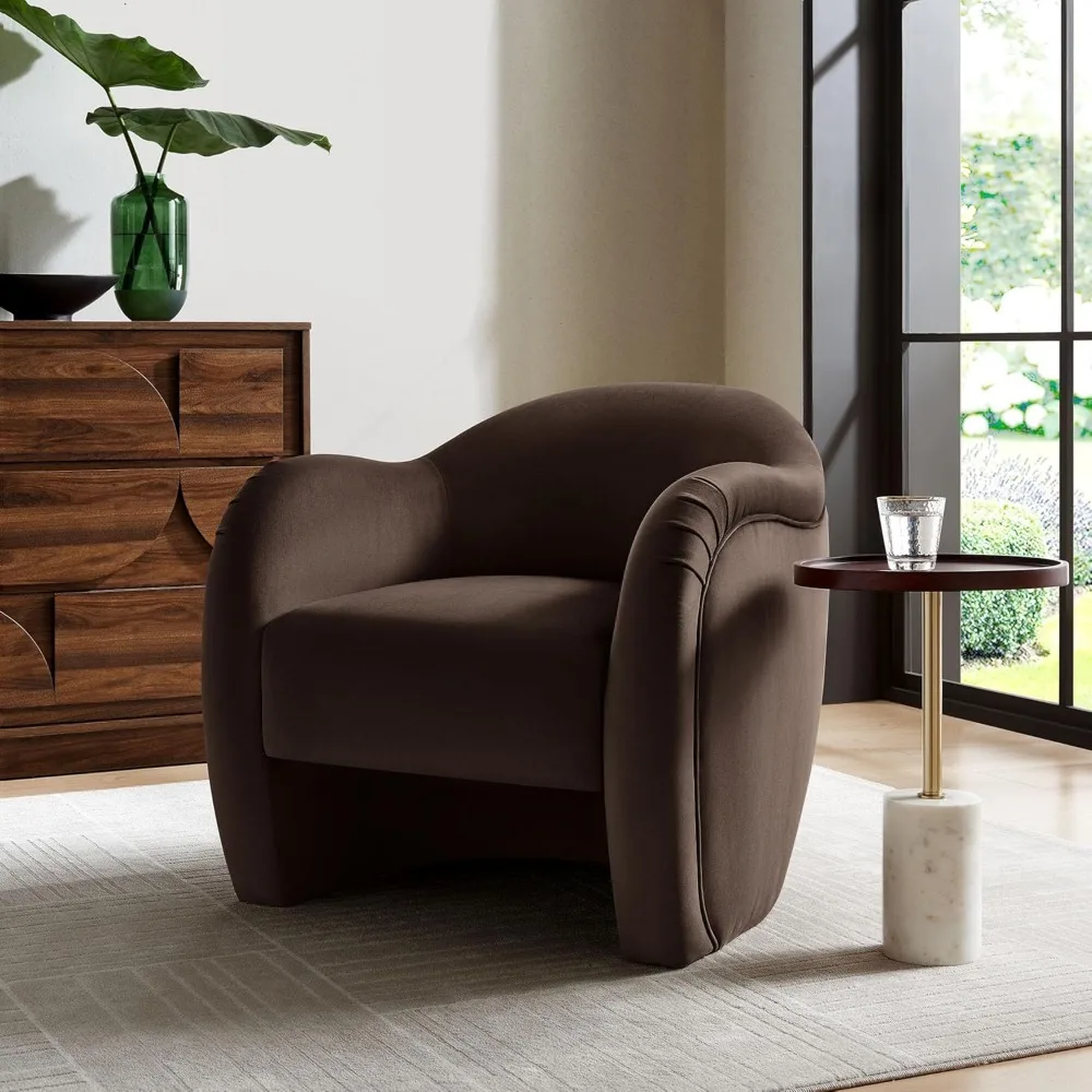 Compose Barrel Chair with Performance Velvet Fabric in Chocolate Brown – Upholstered Accent Armchair with Curved Backrest – Coz