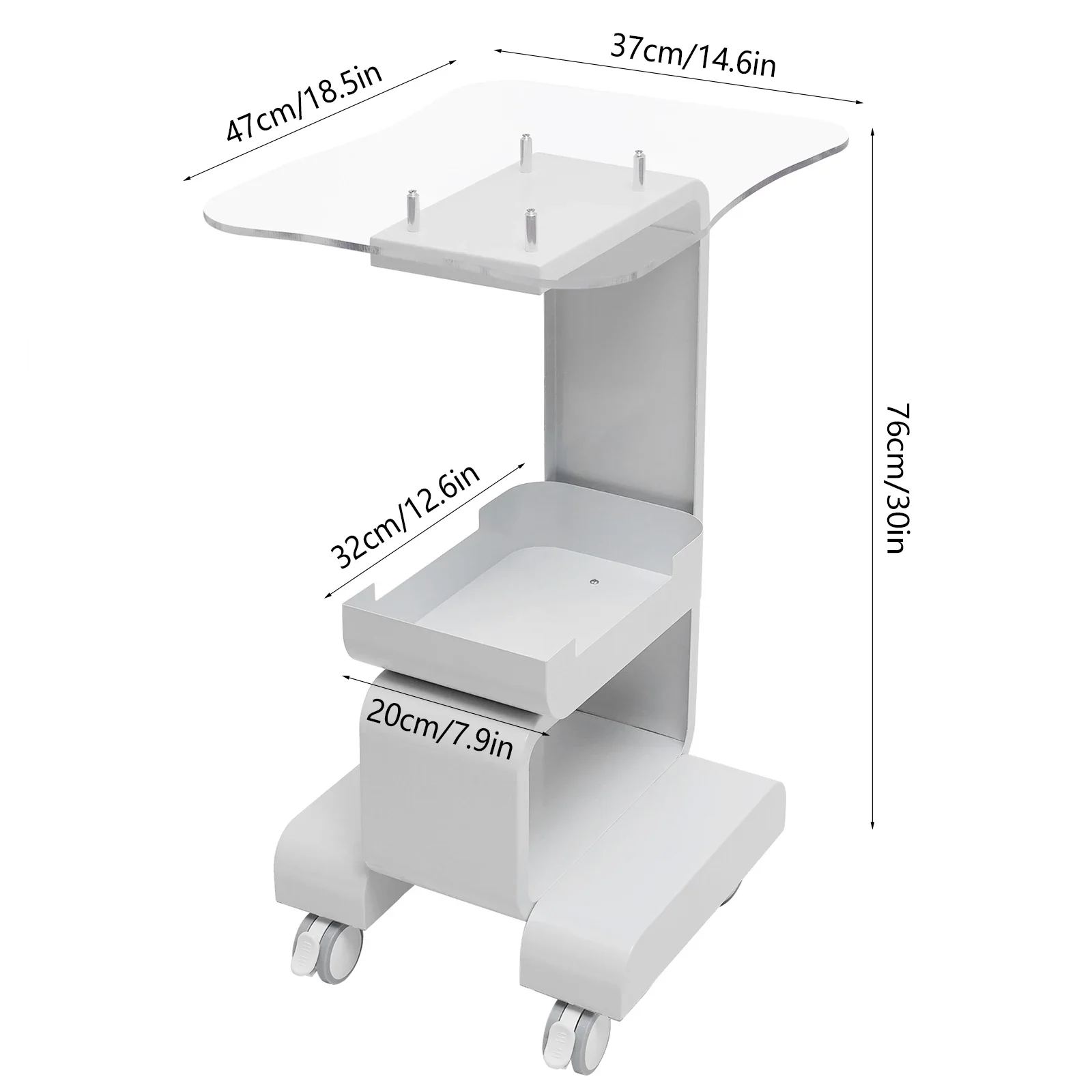 Carrello per salone cosmetico Carrello per posizionamento attrezzature per salone di bellezza Tavolo per attrezzature mobile con pannello in vetro, cestino portaoggetti, bianco