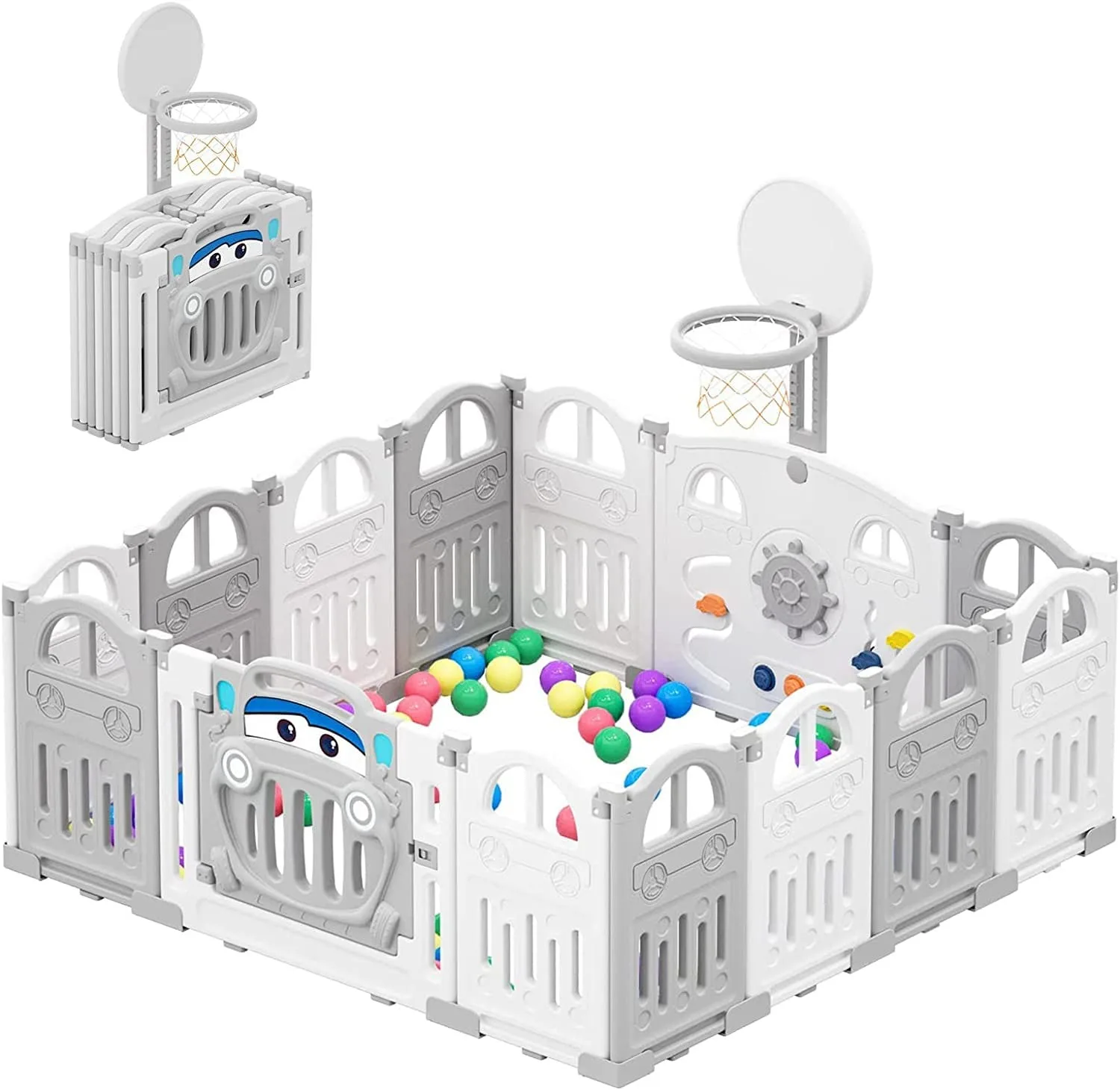 UBRAVOO faltbarer Baby-Laufstall mit Basketballkorb und 50 farbigen Pit-Bällen, Spielstiftzaun für Kleinkinder und Babys, 14 Panels