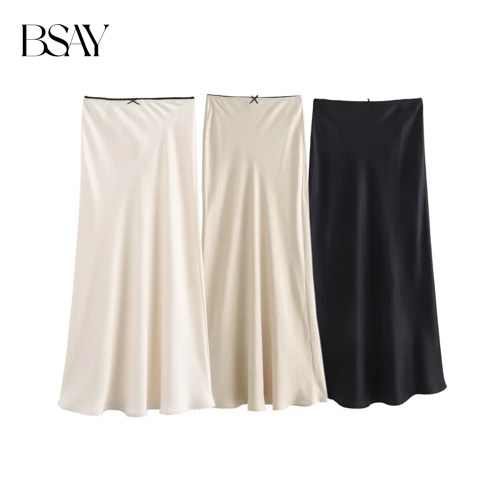 BSAY Moda Donna 2024 Primavera Nuova Texture di Raso Decorazione Dell'arco Vintage Chic Femminile A Vita Alta H Linea Gonne Lunghe Mujer