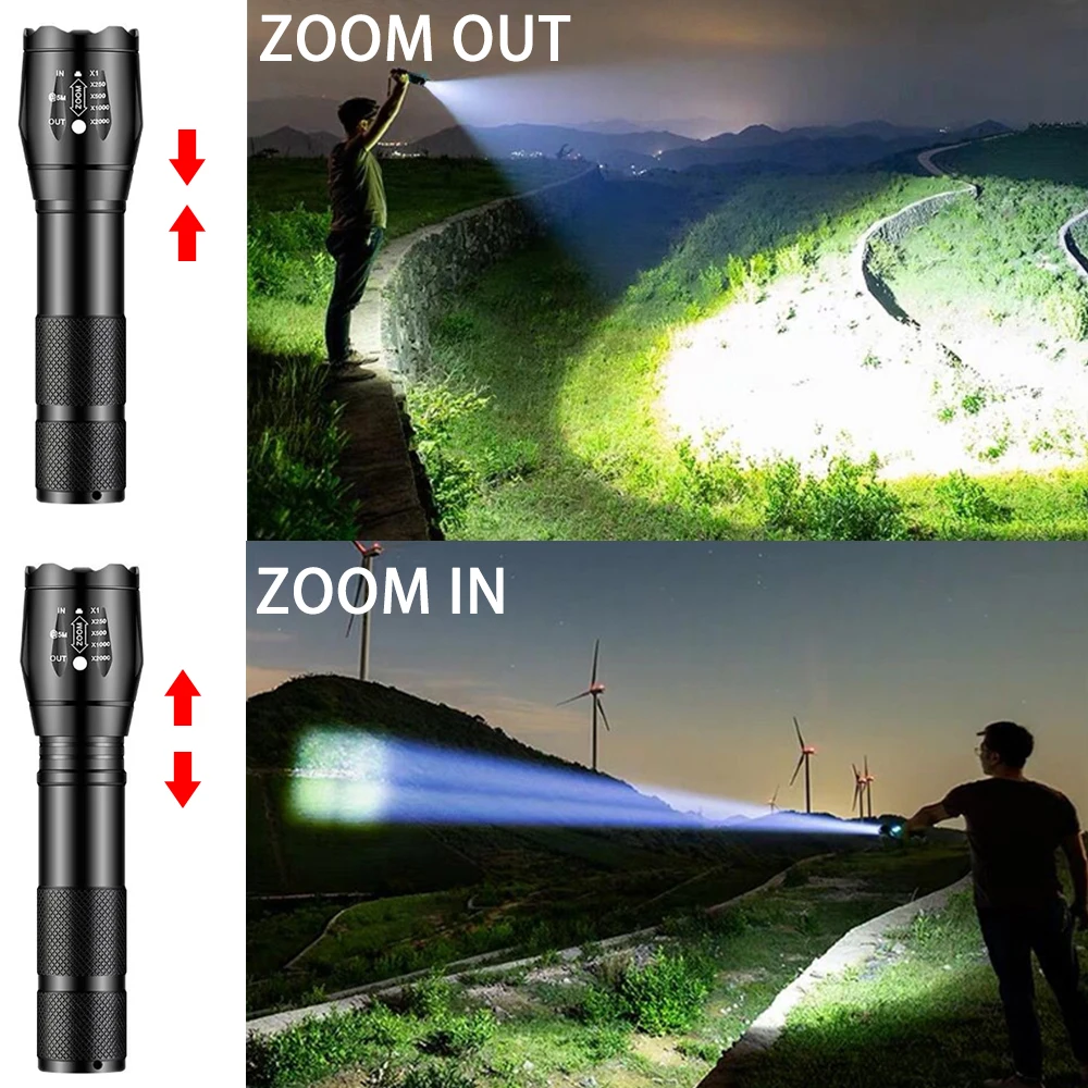 Potente linterna LED, linterna portátil de aleación de aluminio, recargable por USB, luz de Flash táctica para acampar al aire libre