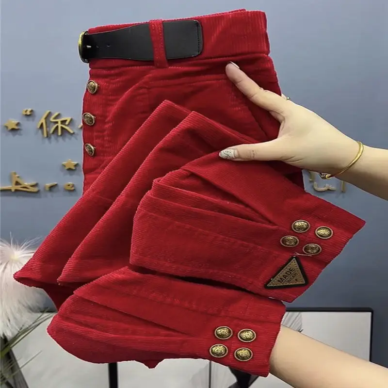 สีทึบหนา Corduroy กางเกงผู้หญิง 2023 ฤดูใบไม้ร่วงฤดูหนาวเกาหลีหลวมสบายๆกางเกงกางเกงอันตราย