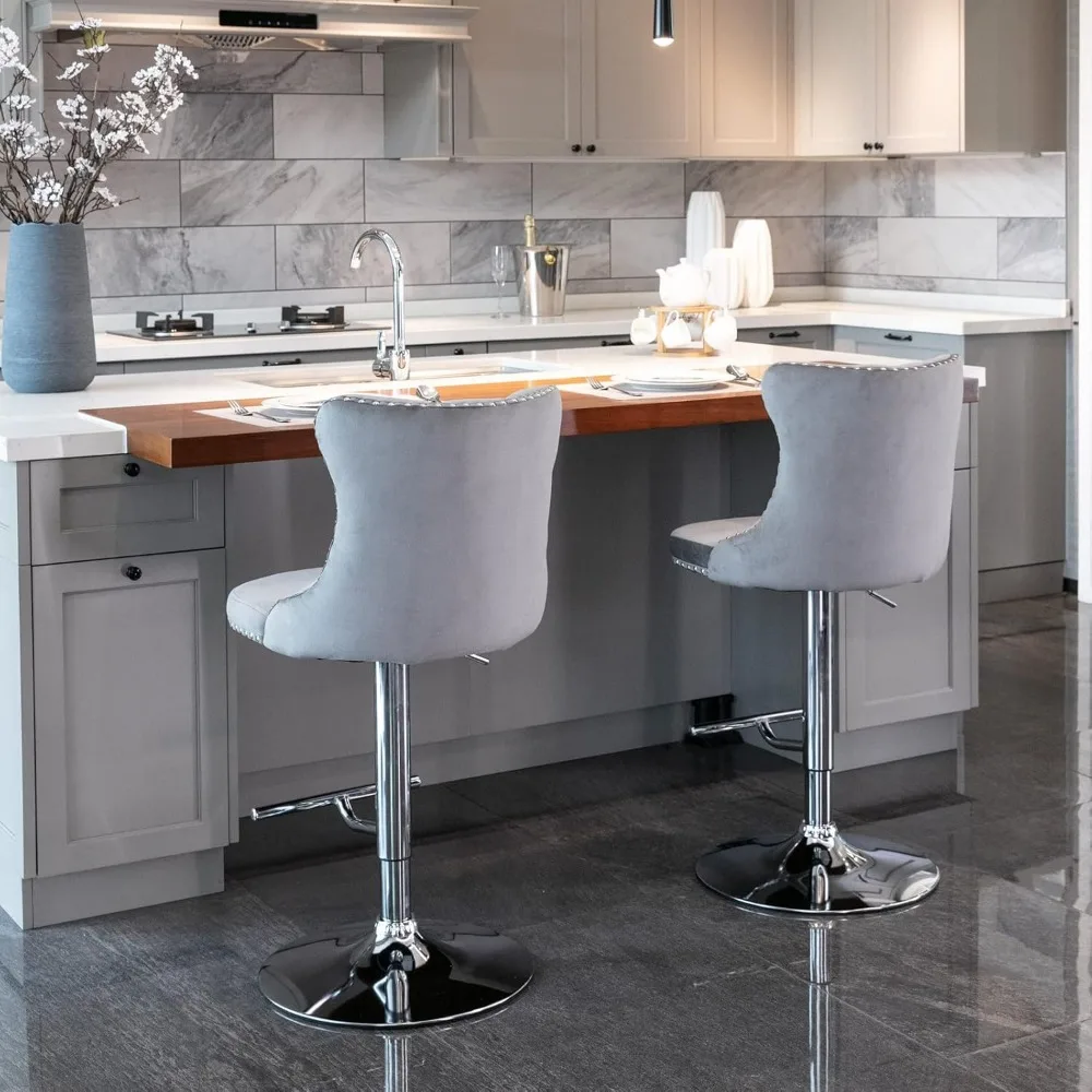 Velvet Swivel Bar Stools Upholstered Bar Stool with Button Tufted Back and Pull Ring Height Adjustable Barstools  for Home Pub
