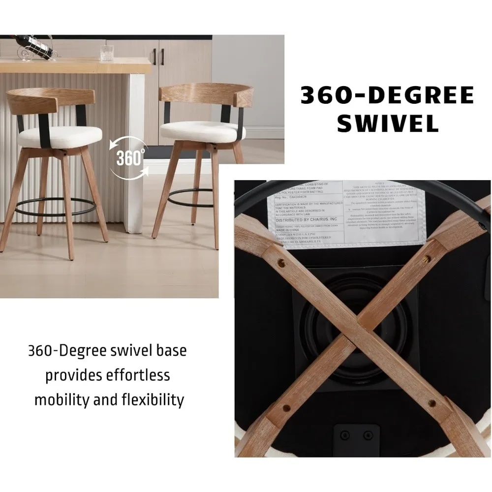 pair of 26" modern counter height swivel bar stools with upholstered linen seats and footrests