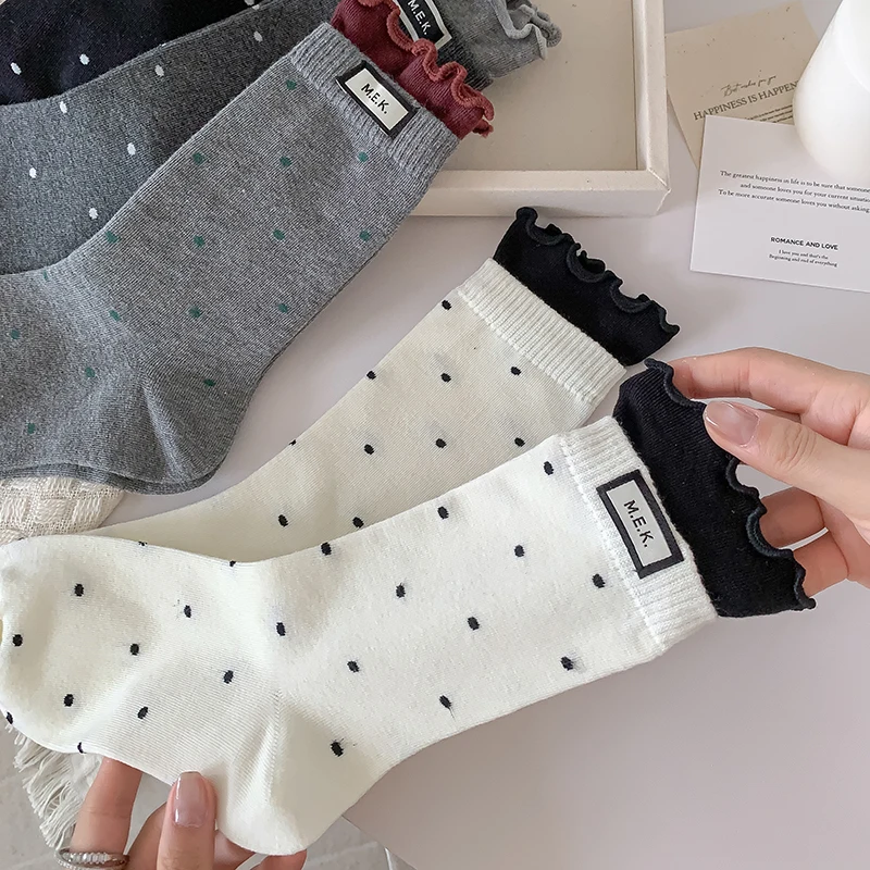 Chaussettes pour femmes nouveaux points mignon froufrous décontracté mode chaussettes longues respirant Style Preppy dames nouveautés chaussettes coton doux confortable