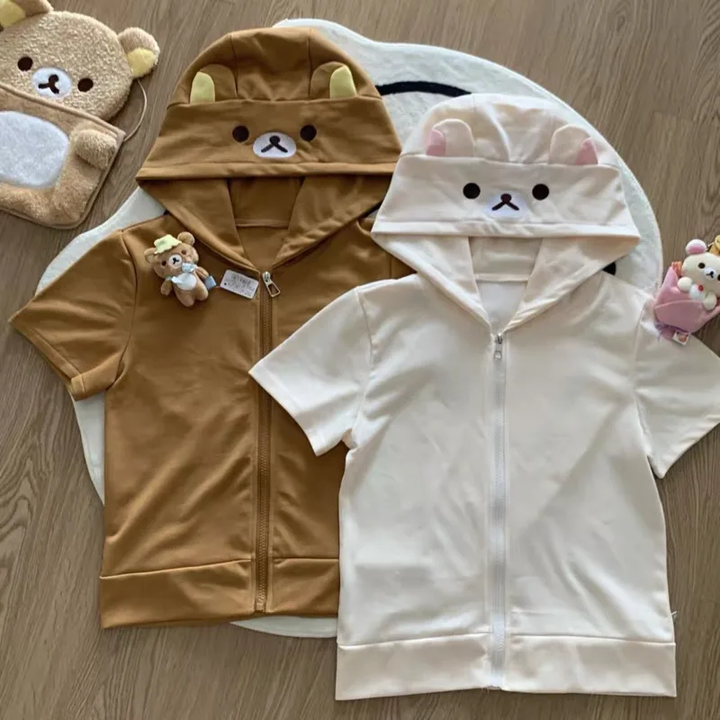 Rilakkuma-女性用ジップアップフーディ,テディベアの耳,長袖ジャケット,カジュアルカーディガン,コットンウェア,かわいいファッション