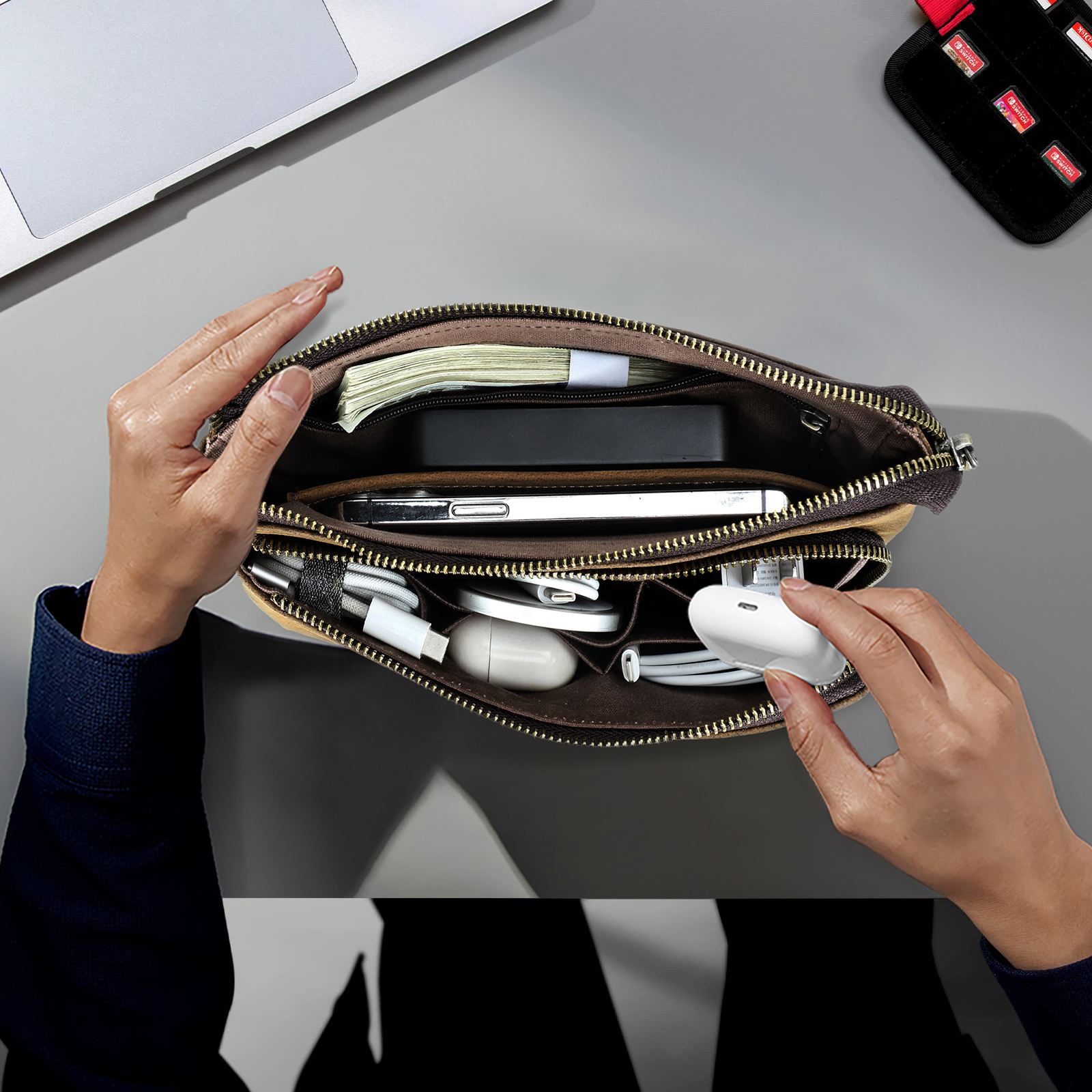 CONTACT'S Genuine Leather Men Clutch Bag Design Handbag Long Wallet Male Purse Travel Charge Storage Bag Cable Organizer