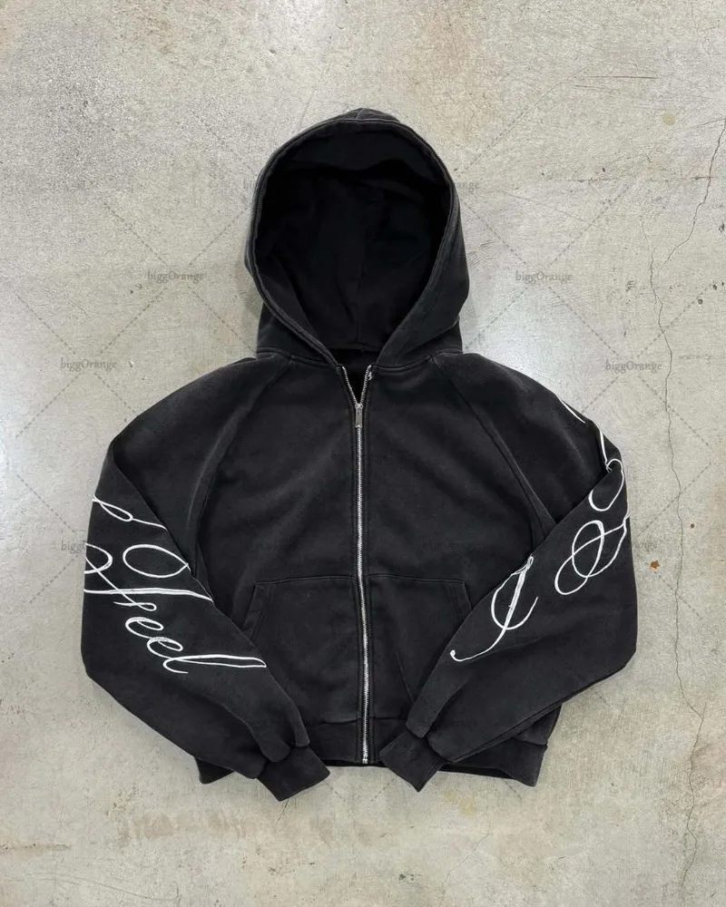 Y2k harajuku gótico carta impressão retro moda masculina e feminina moletom com capuz hip-hop estilo punk preto moletom com zíper de grandes dimensões
