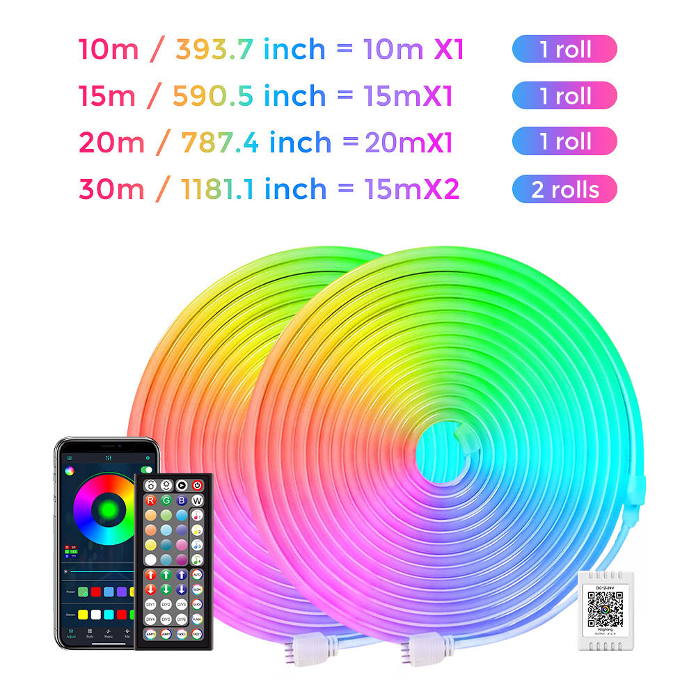 LEDネオンストリップライト,5〜30m, 44キー,EUプラグ,室内装飾用リモコン,妖精の照明,ロープ