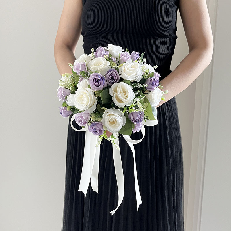 Wedding Bouquet Bride Accessories Bridesmaid Silk Flowers Artificial Roses White Purple Groom Buttonhole Table Centrepiece Decor