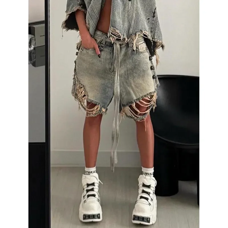 Pantalones vaqueros holgados Harajuku rasgados Vintage para mujer, pantalones hasta la pantorrilla Y2K Damage Emo Trashy, pantalones vaqueros lavados holgados Kpop