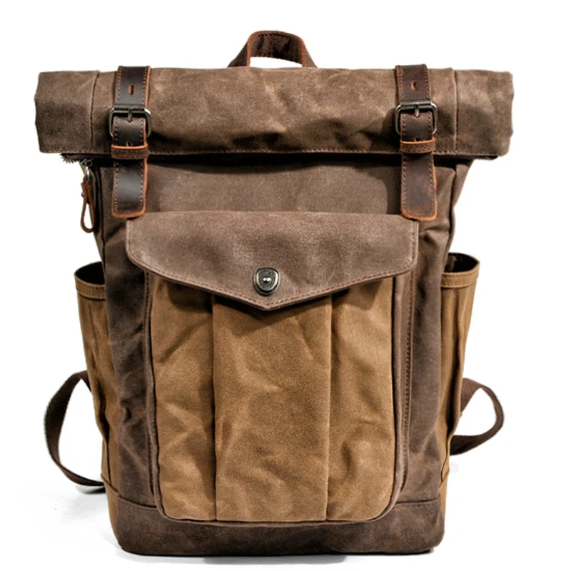 Muchuan mochilas de lona vintage de luxo para homens, mochila de viagem de couro com cera de óleo, mochilas grandes à prova d'água, mochila retrô