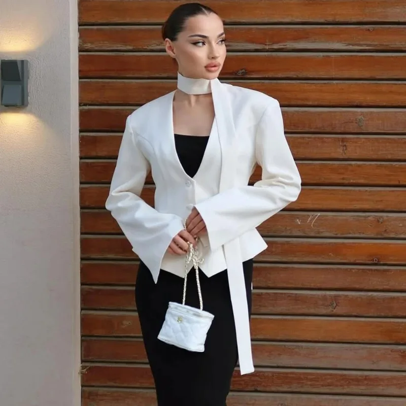 Ticketsx V-hals Sjaal Blazer Jas Dames Elegante Cinched Taille Single Breasted Volledige Mouw Jas Vrouwelijke Casual Slanke Blazers