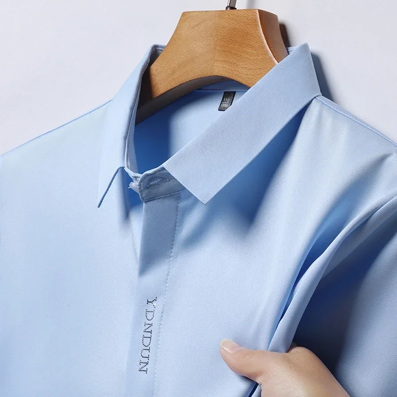 Camisa informal de negocios para hombre, camisa de manga corta de Color sólido, resistente a las arrugas, sin arrugas, Top versátil cómodo para todas las estaciones, nueva