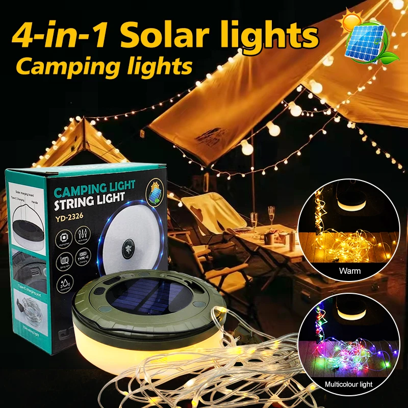 Luces solares para acampar al aire libre, cadena de luces de 10 metros, luz para tienda de campaña al aire libre, luz de ambiente RGB, linterna LED con gancho ﻿