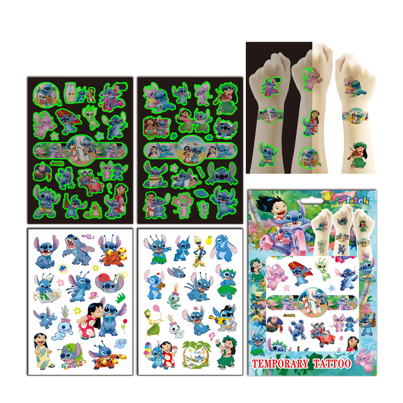 Tatouage lumineux Disney Stitch, autocollants qui brillent dans la nuit, décoration de fête Lilo et Stitch, jouets joyeux anniversaire pour enfants, fournitures cadeau