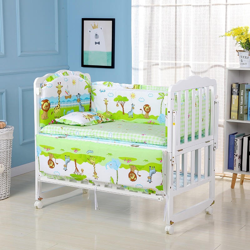 6Piece Cotton Baby Cot Bedding Set Newborn Cartoon Crib Bedding Bumper Set Include(4Bumpers+Matress+Pillow)