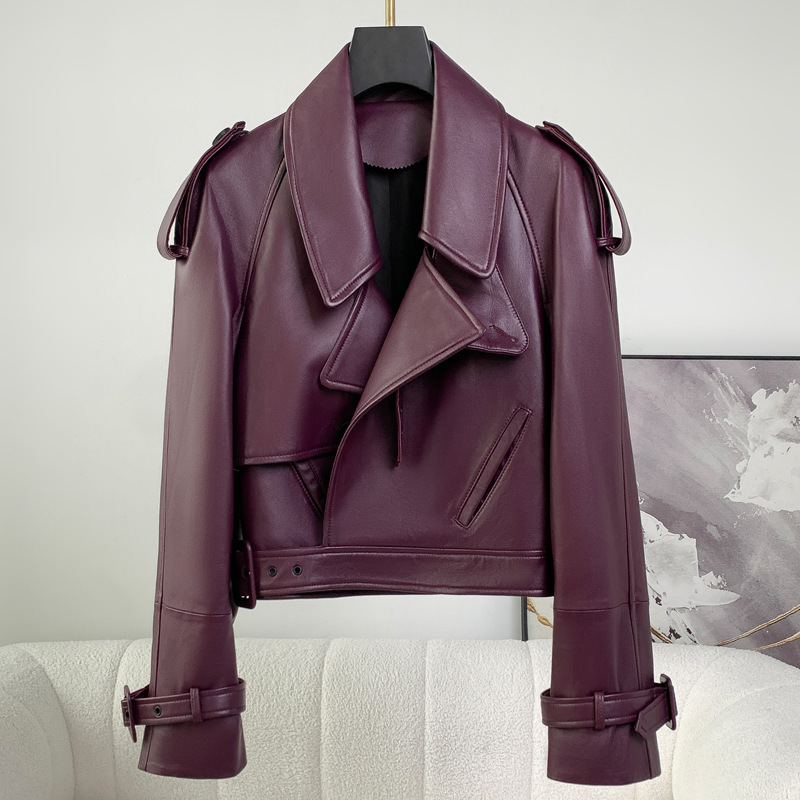 女性のための本革のジャケット,シープスキンジャケット,フラップカラー,ショルダー,オートバイのファッション,高品質,新しいコレクション2024