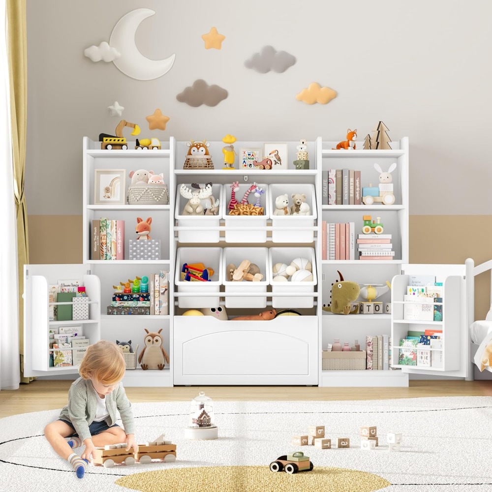 55-inch multi-functional kids storage organizer with removable bins and bookshelf