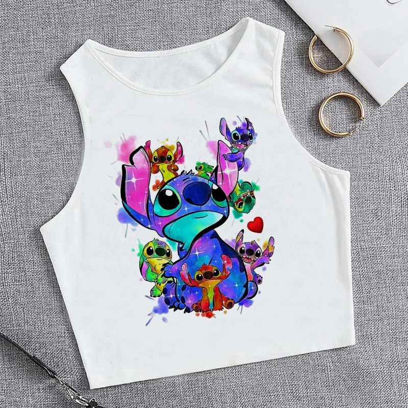 Rompi kaus Tank Top wanita gambar kartun lucu, kaus Tank Top Disney Kawaii Lilo Stitch, kaus grafis Streetwear, atasan Crop wanita