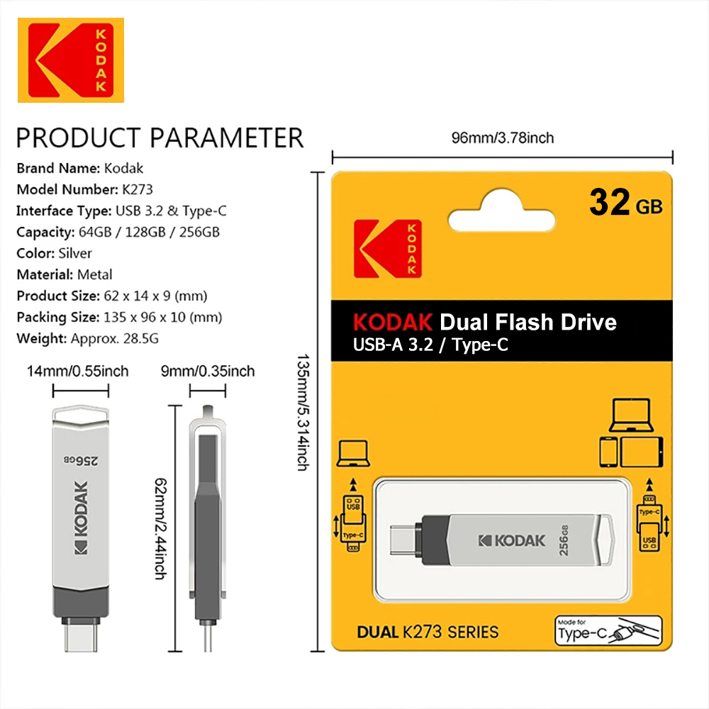 KODAK Type C USB Flash Drive K273 USB3.2 OTG Pendrive 32GB 64GB 128GB 256GB Hoge Snelheid Metalen Dual-Purpose Schijf Memory Stick