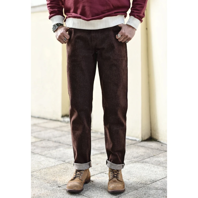 Saucezhan Herren-Jeans, braune Jeans, Herren-Jeans, Hose, Selvedge-Denim-Jeans für Herren, Taper Fit, Herren-Jeans, Vintage, 13,8 Unzen