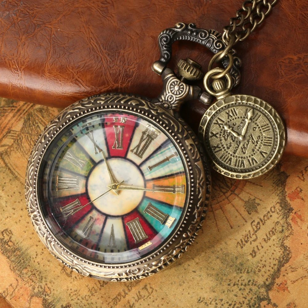 Antike Bronze Doppel Display Taschenuhr Quarz Shell Zifferblatt Fob Uhr Ohne Abdeckung Anhänger Kette Uhr Halskette Souvenir Geschenk