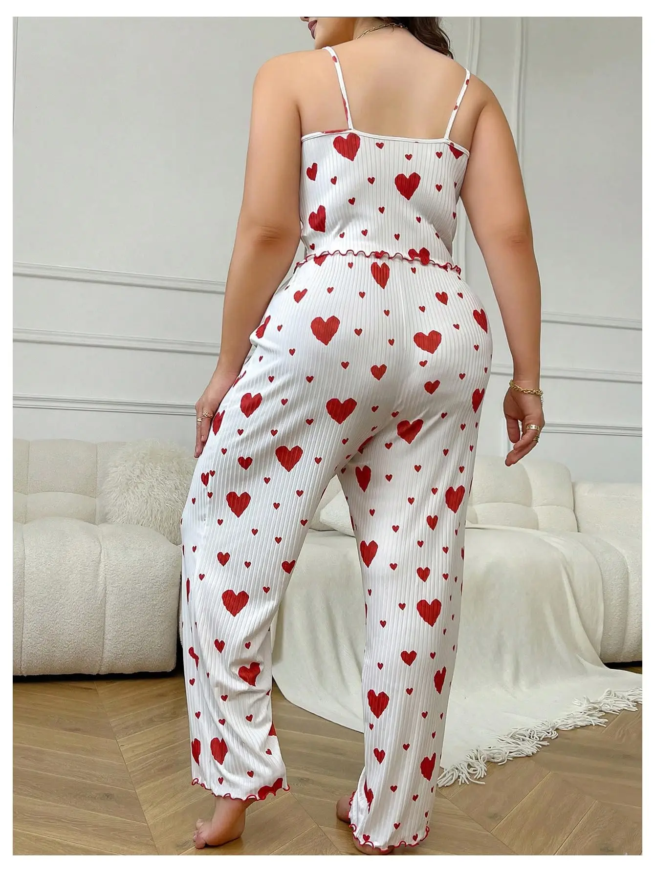 Conjunto de pijamas femininos plus size, 2 peças, colete sem mangas e calças, branco, macio, respirável, roupa de dormir casual, estampa de coração vermelho