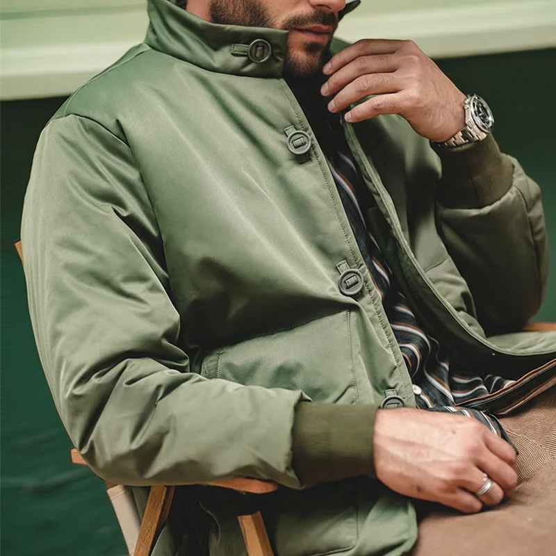 Maden Jaqueta masculina modificada estilo A1 avião bombardeiro Gola alta casaco acolchoado quente Casaco de inverno à prova de vento com um botão Escolha entre verde e azul-marinho