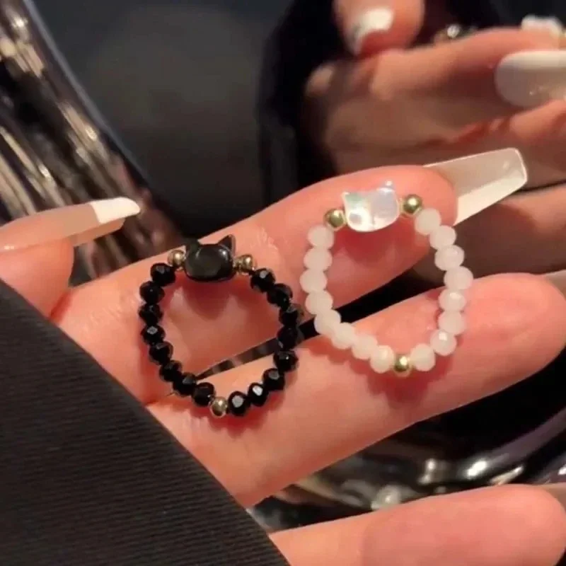 Anillo de cuentas minimalista para dedo, anillo de juguete, bonito anillo de gato blanco y negro para hombres y mujeres, accesorios de fiesta, joyería