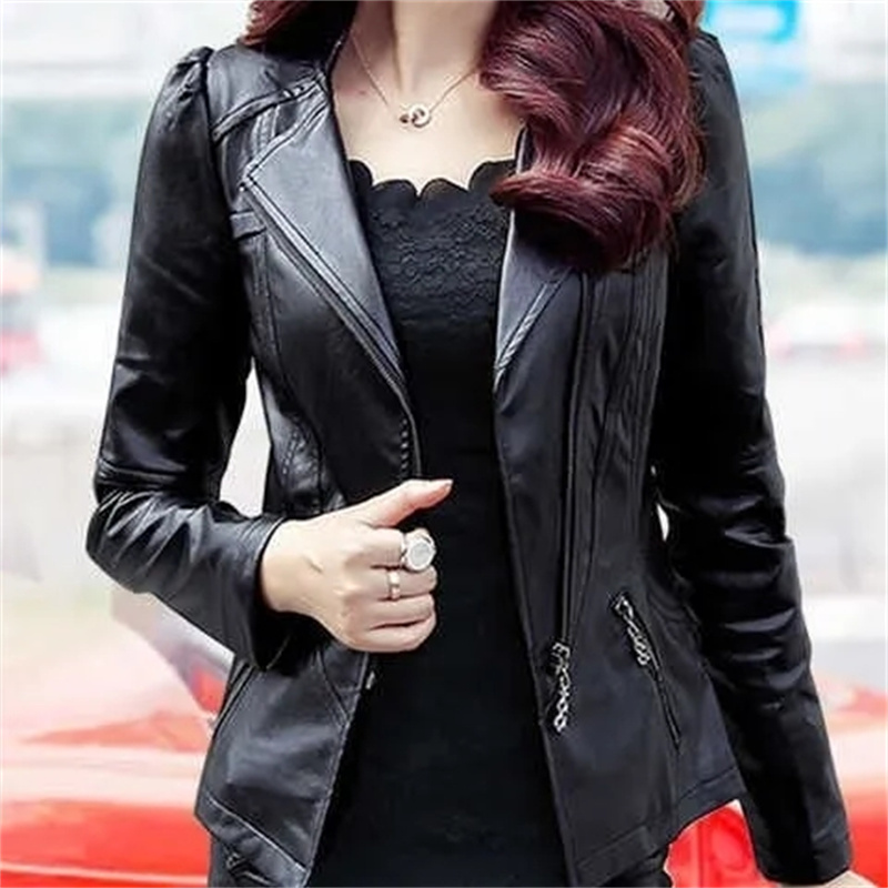 2024 สุภาพสตรีหนังฤดูใบไม้ร่วงใหม่Puสั้นหนังขนาดเล็กเกาหลีSlimแฟชั่นZipper Slimเสื้อแจ็คเก็ตหนังรถจักรยานยนต์Plusขนาด