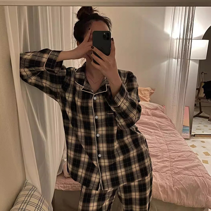 Pijamas informales japoneses Ins para mujer, cárdigan fino de otoño para niña, conjunto de dos piezas con solapa para el hogar, pijamas a cuadros a la moda, ropa de casa para mujer