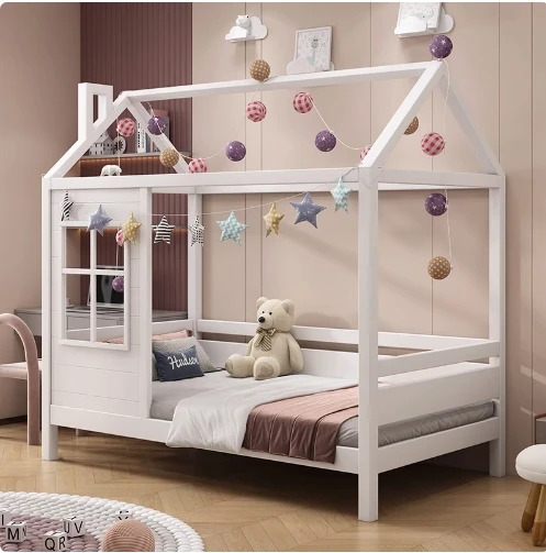 Cama de casa para crianças, tamanho duplo, cama montessori para crianças com rodízio, design de janela e telhado, estrutura de cama infantil, casinha divertida para meninos
