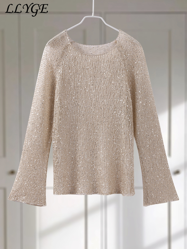 เซ็กซี่Sequins Hollow Outผู้หญิงPulloverถักหลวมO-คอยาวแขนยาวหญิงเสื้อกันหนาว 2025 ฤดูใบไม้ผลิLady Shinny Chicเสื้อ