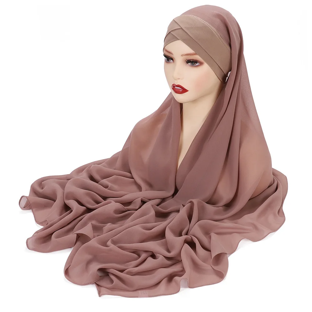 Hijabs instantâneos chiffon hijab cachecol com camisa cruzada bonés bonnet design da marca lenço muçulmano feminino underscarf islâmico 175x70cm