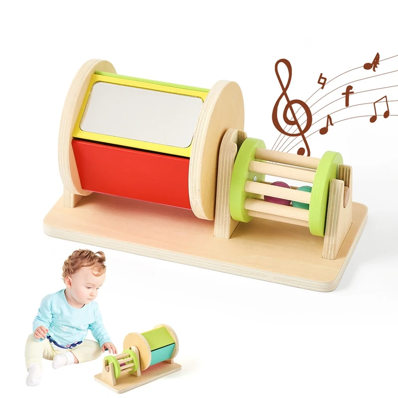 Children Wooden Montessori Toys Spinning Drum Musical Rattle Round Rectangular Box Kids Color Sensory Toys for Baby Gifts
