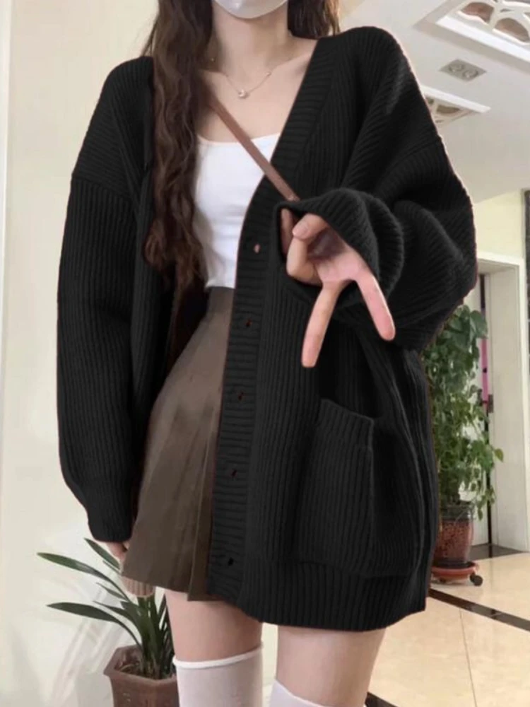 หลวมเสื้อสเวตเตอร์ถักผู้หญิงแขนยาว V คอถักสีดํา Slouchy All-Match หญิงฤดูใบไม้ร่วงฤดูหนาวเสื้อเกาหลีสไตล์ Chic Baggy เสื้อ