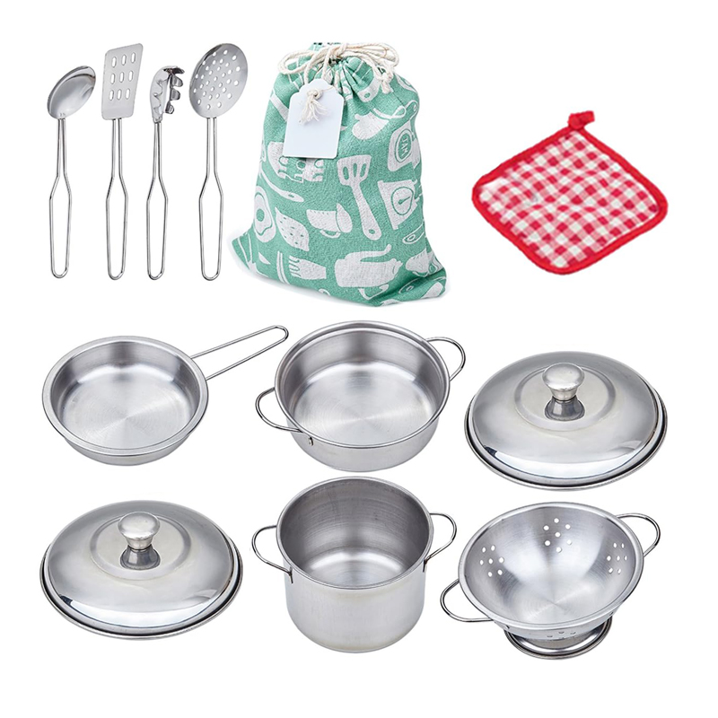 Play Pots and Panelas Brinquedos para Crianças, Playset de cozinha, Pretend Cookware, Mini utensílios de cozinha em aço inoxidável, Desenvolvimento Brinquedos