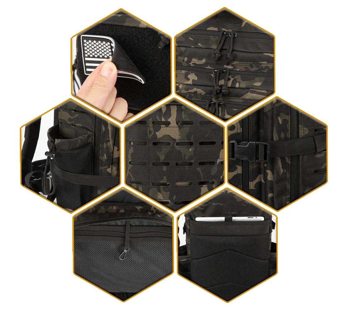 Mochila tática de 25l/45l, para mulheres/homens, corte a laser, molle, caminhadas, pacote de 3 dias, bolsa escolar, academia, com suporte de copo duplo