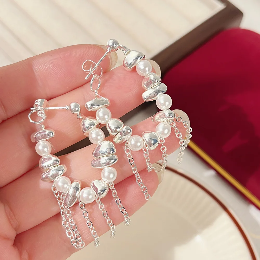 Nuevo fragmentado empalmado ​ ​ Pendientes colgantes de perlas de imitación irregulares con borlas para mujer, joyería coreana, accesorios de joyería