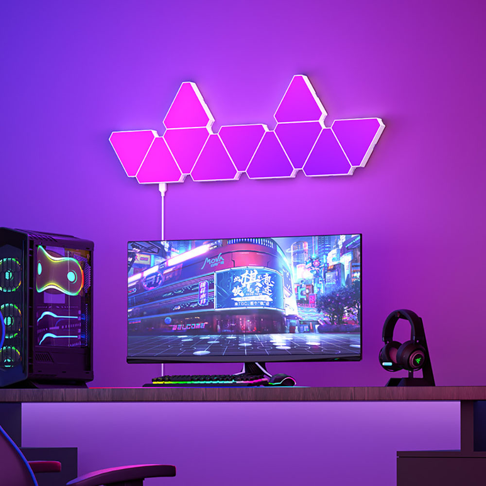 Led triangular quantum lâmpada de parede rgb captador inteligente ritmo luz fundo para o quarto cabeceira luz da noite decoração do escritório