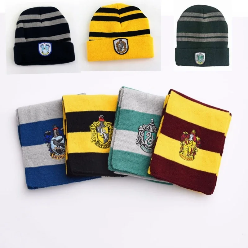 Gorro de Hermione Ron para Halloween, bufanda de escuela mágica, pañuelo para el cuello de invierno, Slytherin, Hufflepuff, Cosplay