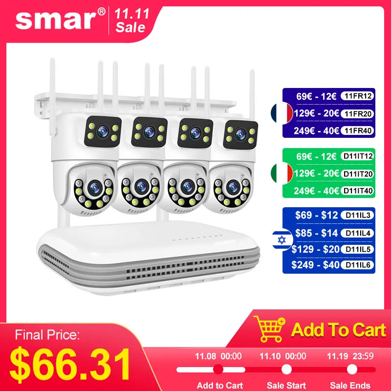 Sistema CCTV inalámbrico Smar, Kit de cámara WiFi, cámaras IP de 6MP con Audio de seguridad de doble lente, conjunto de videovigilancia NVR de 8 canales ICse
