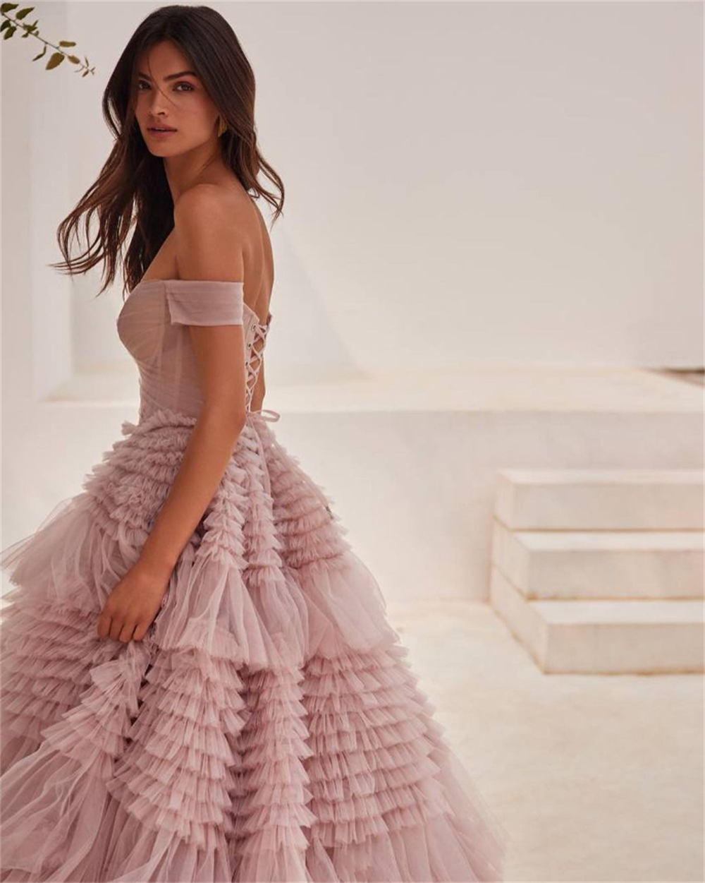Sansa-vestido De fiesta De tul con hombros descubiertos, color rosa, multicapa, personalizado, con cordones en la espalda, sin mangas, 2024